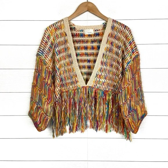 ETWO Rainbow Cropped Sweater Colorful Fringe Medium Large Boho - Picture 1 of 4